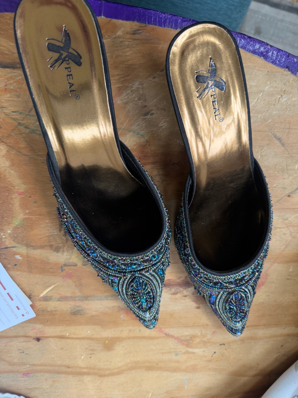 Fun beaded blue and purple low heel evening slipper